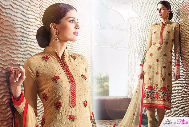 Beige Floral Embroidered Suit With Straight Pants
